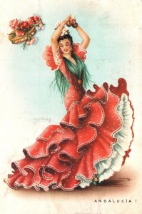 VINTAGE POSTCARD TRADITIONAL DRESS AND DANCE OF ANDALUCIA AUTONOMOUS CITY SPAIN