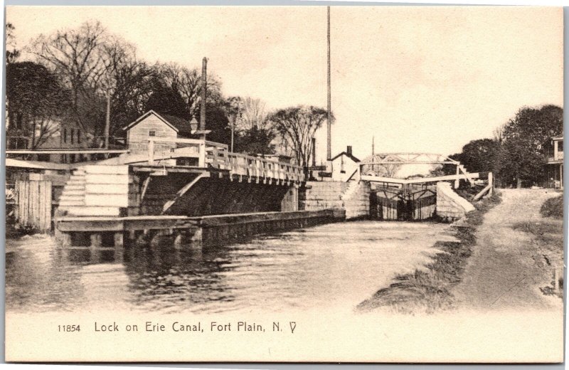 Postcard NY Fort Plain Lock on Erie Canal Rotograph