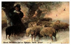 Postcard Holiday New Year German American Art 535 Shepherd Sheep