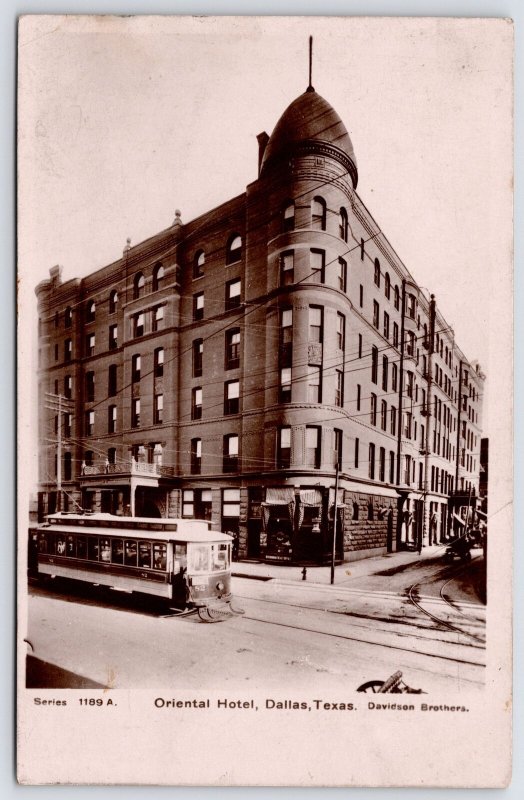 Dallas Texas~Trolley #82 Closeup~Interurban Ticket Office in Oriental Hotel RPPC