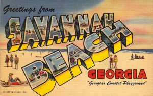 Linen Era Large Letter Savannah Beach, Georgia, GA Curteich, Old Postcard