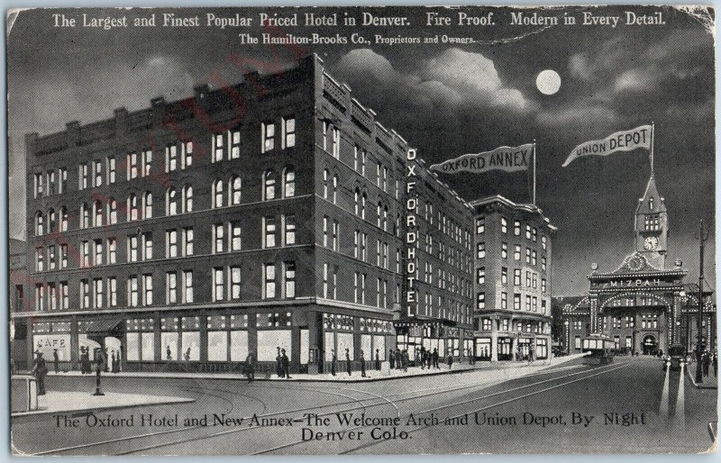 c1910s Denver CO Oxford Hotel Union Streetcar Depot Night PC Advertising A189