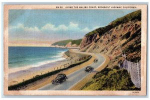 Roosevelt California CA Postcard Along The Malibu Coast c1940's Vintage Cars