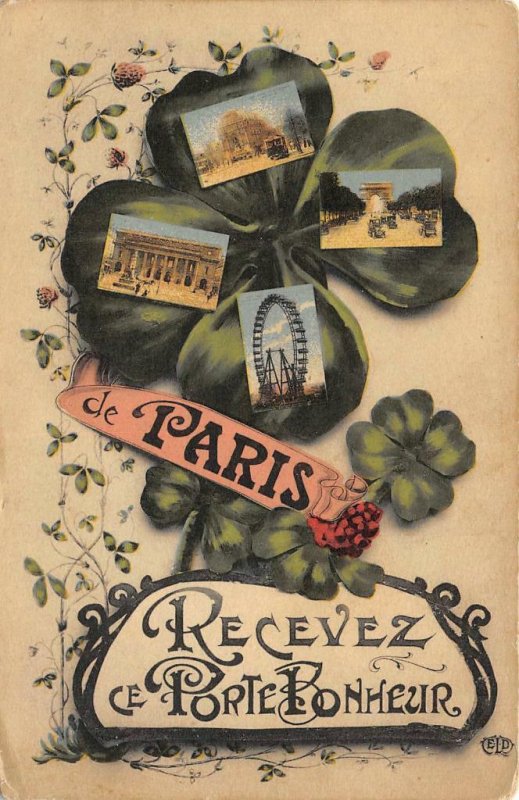 PARIS Recevez ce Porte Bonheur FRANCE Four-Leaf Clover Shamrock 1916 Postcard