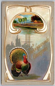 Vtg Thanksgiving Greeting Farm View Turkey Embossed 1910s Old Postcard