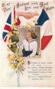 Vintage Postcard Best Wishes To Dear Husband Civil Wedding Flowers Flag Greeting