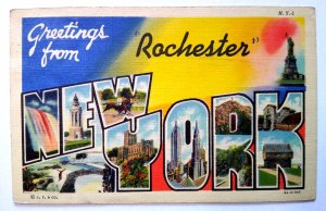 Greetings From Rochester New York Large Big Letter Postcard Linen 1938 Vintage