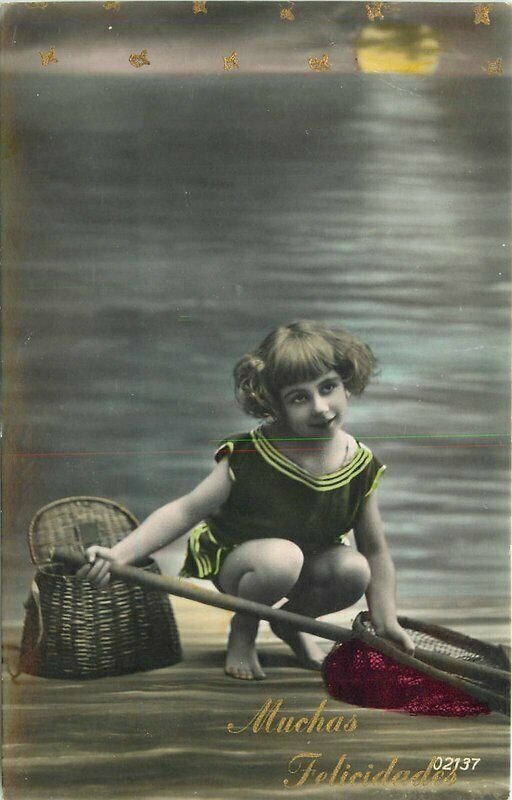 Artist impression 1920s Girl Fishing Net Basket Photo Postcard hand tint 21-1226