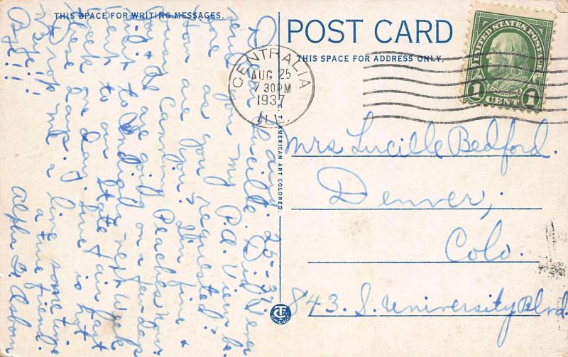 Post Office, Centralia, Illinois, Early Postcard, Used in 1937