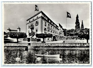 1958 Hotel Du Mont Blanc Morges Switzerland Flag Swan Boat Vintage Postcard