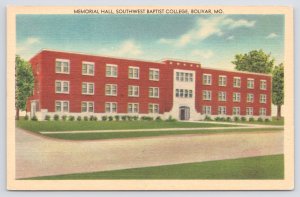 Linen~Memorial Hall Southwest Baptist College Bolivar Missouri~Vintage Postcard