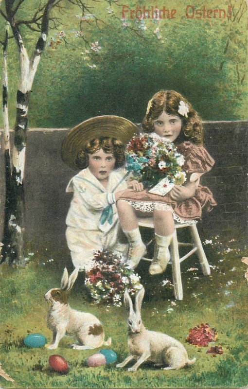 Postcard Children french flower smile dress basket rose rabbit eggs