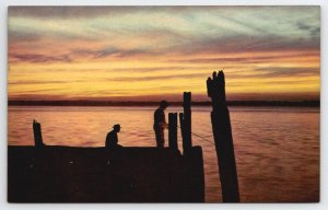 Sunset Over The Waters Fishing From Pier By Harrison Postcard B47