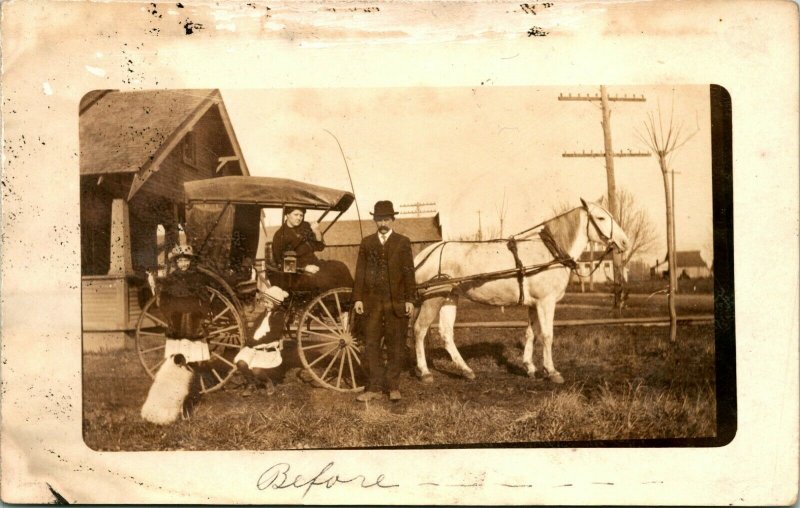 Vtg Carte Postale Cppr 1904-1918 Azo Famille Avec Cheval & Buggy