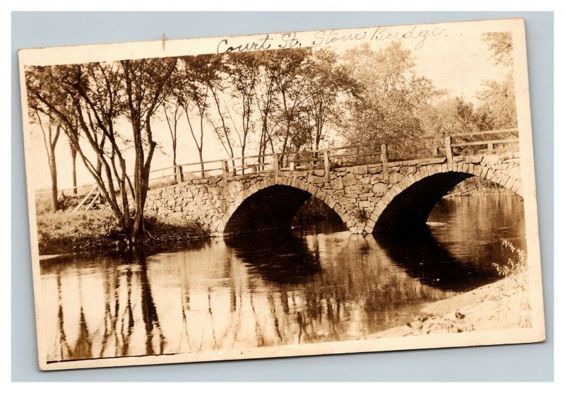 Vintage 1900's RPPC Postcard Court Street Stone Bridge Keene New Hampshire