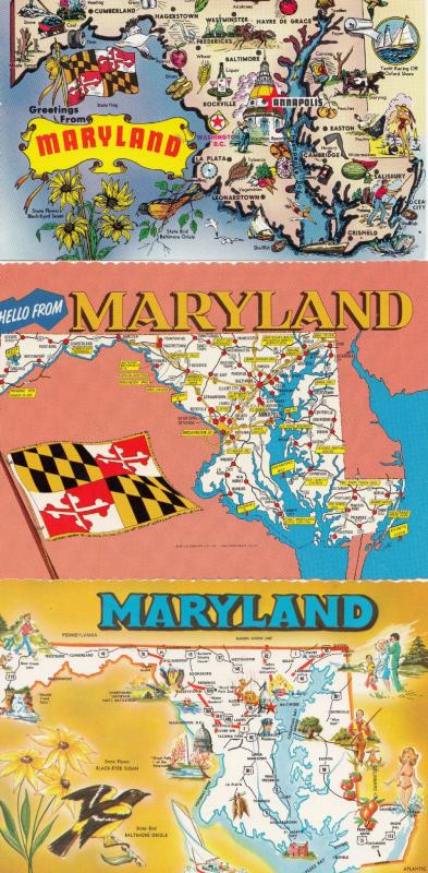 Maryland 3 Map Flag Bird Postcard s