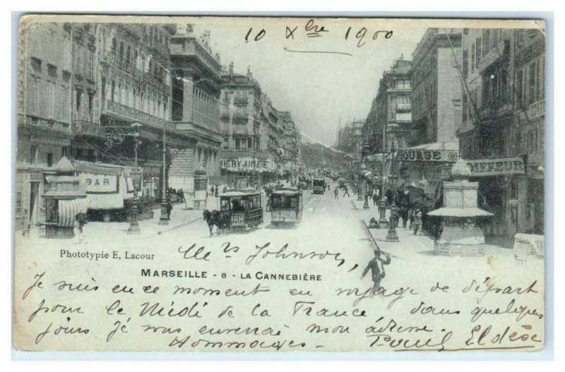 MARSEILLE, France ~ La Cannebiere Street Scene HORSEDRAWN STREETCARS Postcard