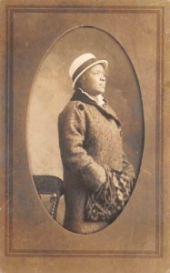 RPPC WOMAN COAT HAT AMERICANA STUDIO REAL PHOTO POSTCARD (c. 1910)