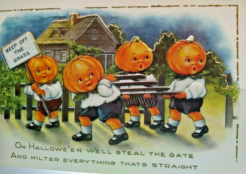 Halloween Postcard Whitney Die-cut Fantasy Pumpkin Face Heads Goblin Kids 1915