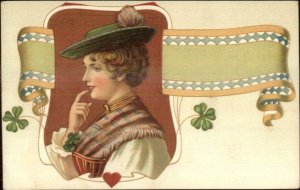 Art Nouveau Austrian of German Beautiful Woman Hat Clovers c1905 Postcard