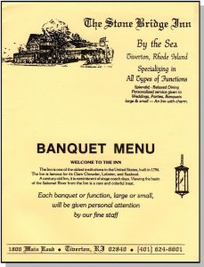 Vintage Stone Bridge Inn Menu, Tiverton, Rhode Island/RI