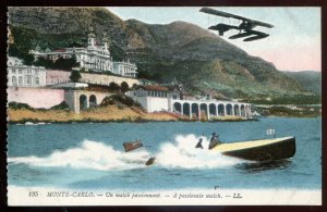 h1965 - MONTE CARLO Postcard 1910s Waterfront Motorboat Biplane