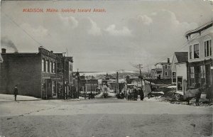 c1910 Postcard; Madison ME, Main Street Looking towards Anson, Horsedrawn Wagons