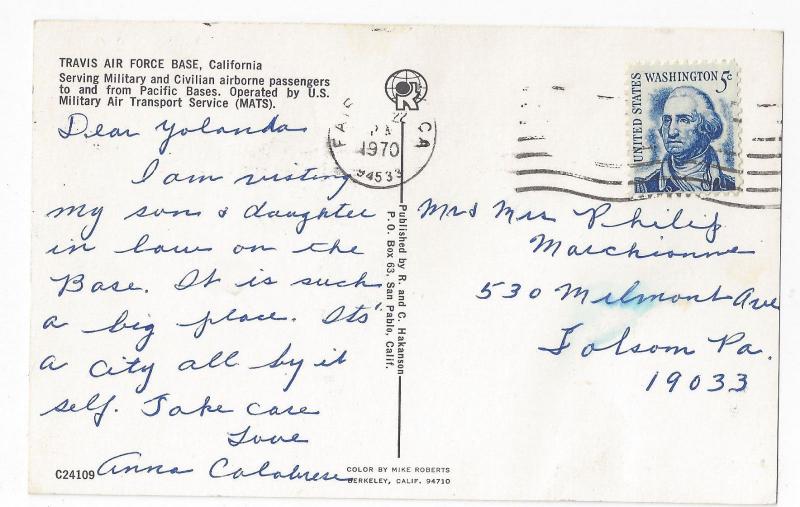 CA Travis Air Force Base Aerial View Vintage 1970 Postcard