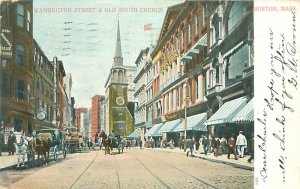 Boston MA Washington St & Old South Church People, Horse Carriages 1905 Postcard