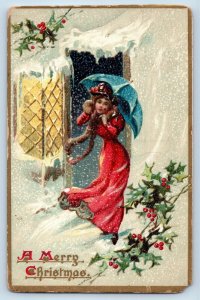 Christmas Postcard Pretty Girl With Umbrella Holly Berries Snow Winter Embossed