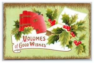 Christmas Volumes of Good Whishes Holly Books Embossed Unused DB Postcard O18