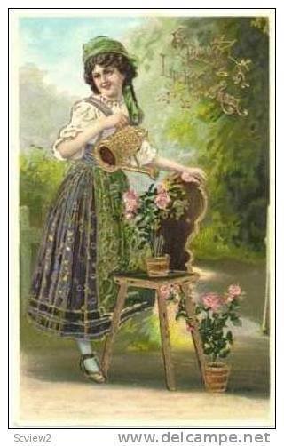 Watercan: Girl waters Rose bush, Hartlig Lychbashau, PU-1914