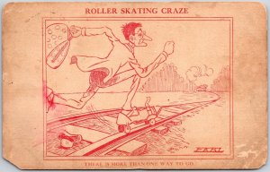 1908 Roller Skating Craze Running Fast With Luggage Comic Card Posted Postcard