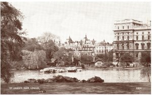 London, Government Buildings From The Lake St. James Park, Vintage Postcard