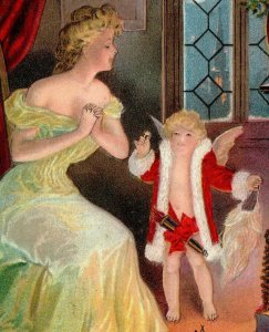1906 Christmas Postcard Little Boy Angel in Santa Suit Holding Beard Woman Gifts