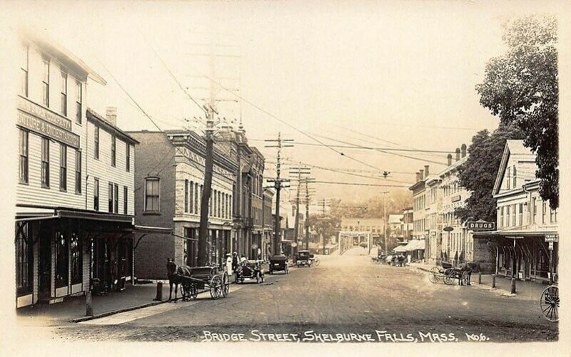 Shelburne Falls MA Bridge Street Storefronts Old Cars Horse & Wagons