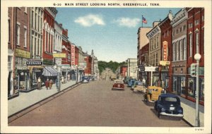 Greeneville Tennessee TN Main Street Scene Classic Cars Linen Vintage Postcard