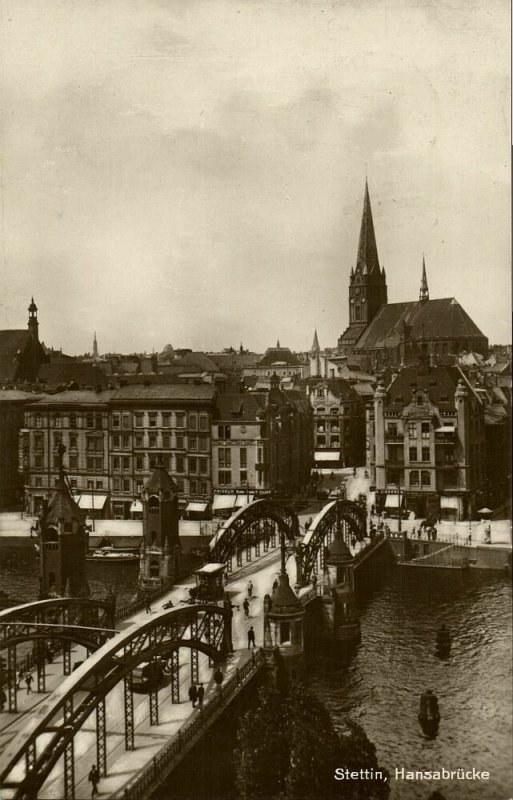 poland, SZCZECIN STETTIN, Most Długi, Hansabrücke (1928) RPPC Postcard 