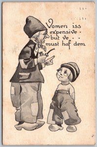 Dutch Man & Child 1915 Comic Postcard Vomen Iss Expensive But Ve Must Haf Dem