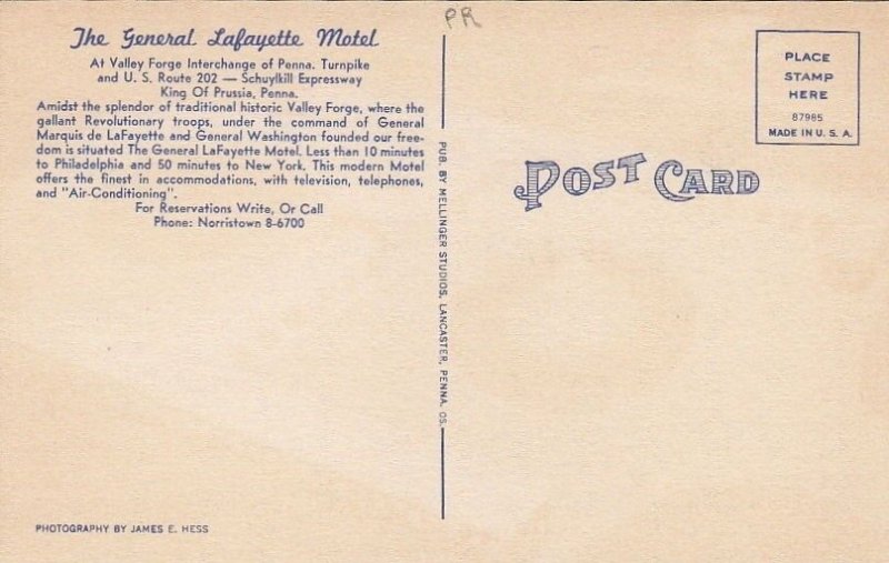 Postcard The General Lafayette Motel King of Prussia PA