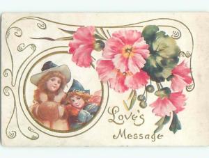 Pre-Linen valentine TWO CUTE GIRLS WITH MUFF HAND WARMER AND FLOWERS J0921