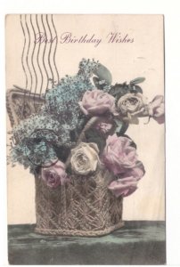 Best Birthday Wishes - Basket Of Flowesrs - Vintage 1908 Postcard