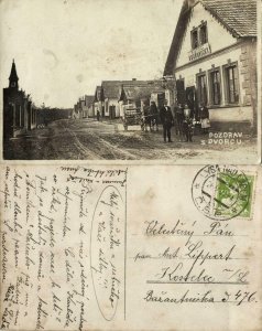 czech, DVORCE DVORCŮ, Street Scene, Hostinec Uborovicky (1923) RPPC Postcard