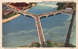 Vintage Postcard Historic Famous Y-Shaped Three-way Bridge Zanesville Ohio OH