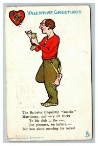 Vintage 1906 Tuck's Valentines Postcard Bachelor Mending his Socks Funny