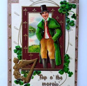 St Patricks Day Postcard Top Hat Gent Gold Harp Shamrocks Ireland 1911 Ser 2275