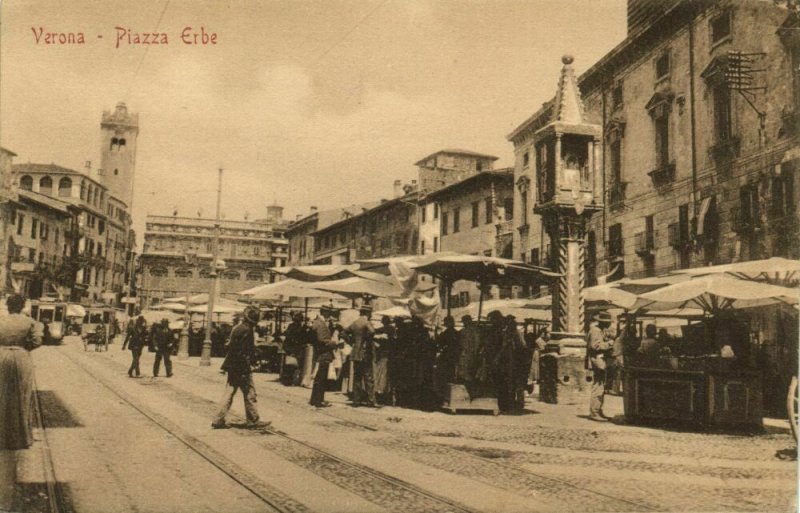 italy, VERONA, Piazza Erbe, Trams (1910s) Postcard