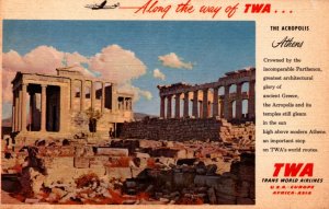 Greece Along the Way Of TWA The Acropolis Athens Vintage Postcard 08.72