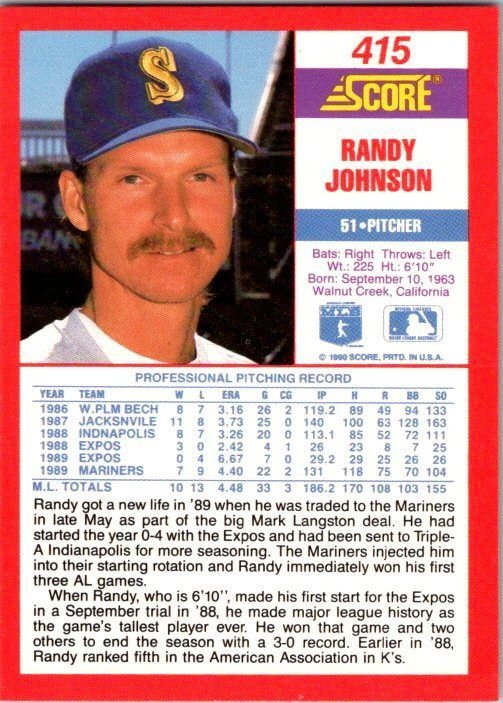 1990 Score Baseball Card Randy Johnson Seattle Mariners sk2675