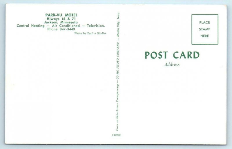 JACKSON, Minnesota MN ~ Roadside PARK-VU MOTEL ca 1960s  Postcard